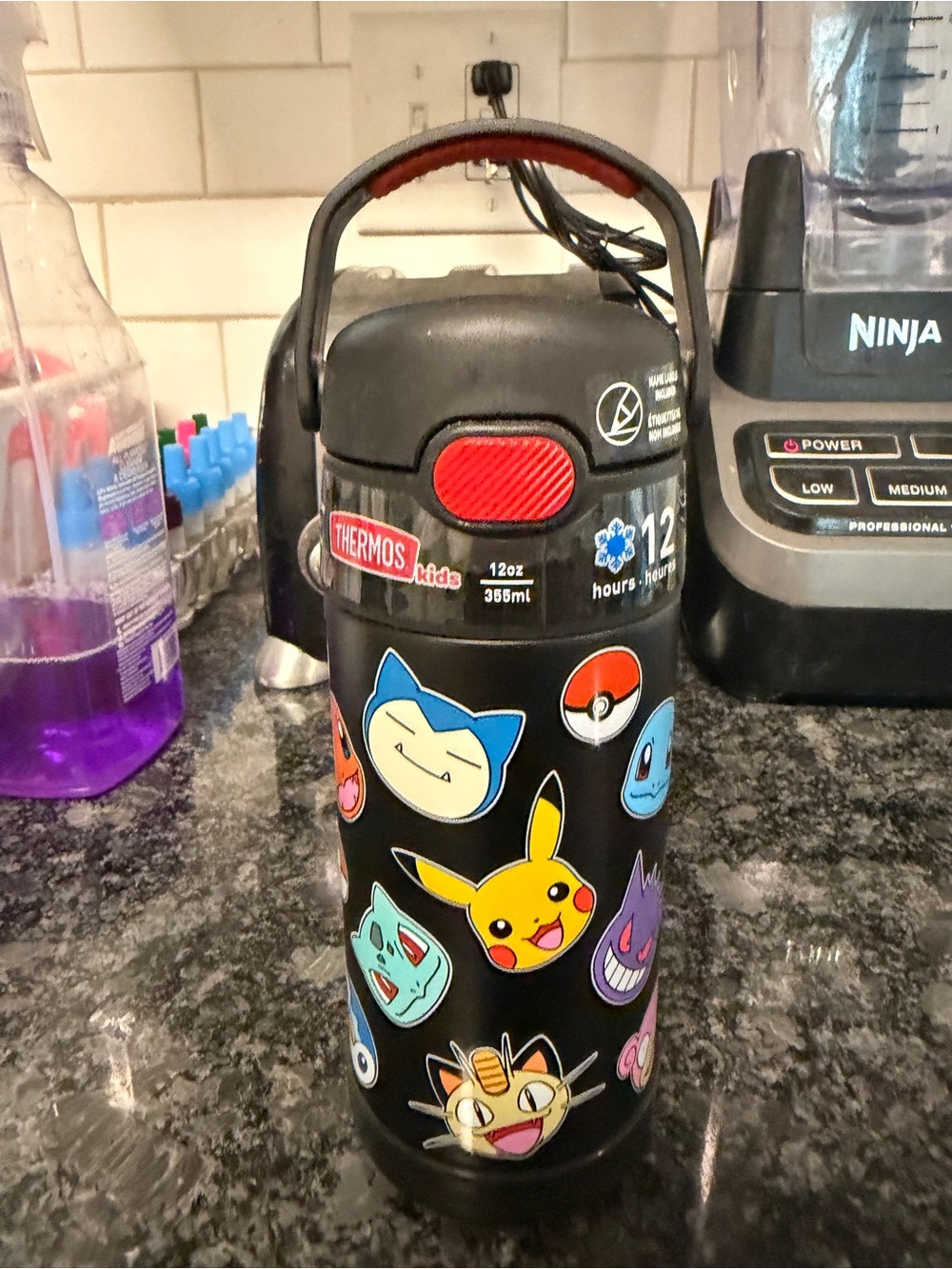 Thermos Kids Black Water Bottle with Colorful Pokémon Character Stickers